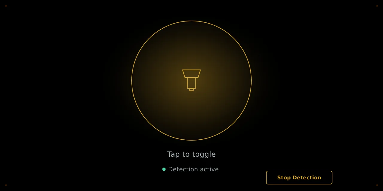 ChopLight app in active state: amber-glowing circle on black with a small flashlight icon centered, "Tap to toggle" prompt below, green dot indicating motion detection is running, "Stop Detection" button.