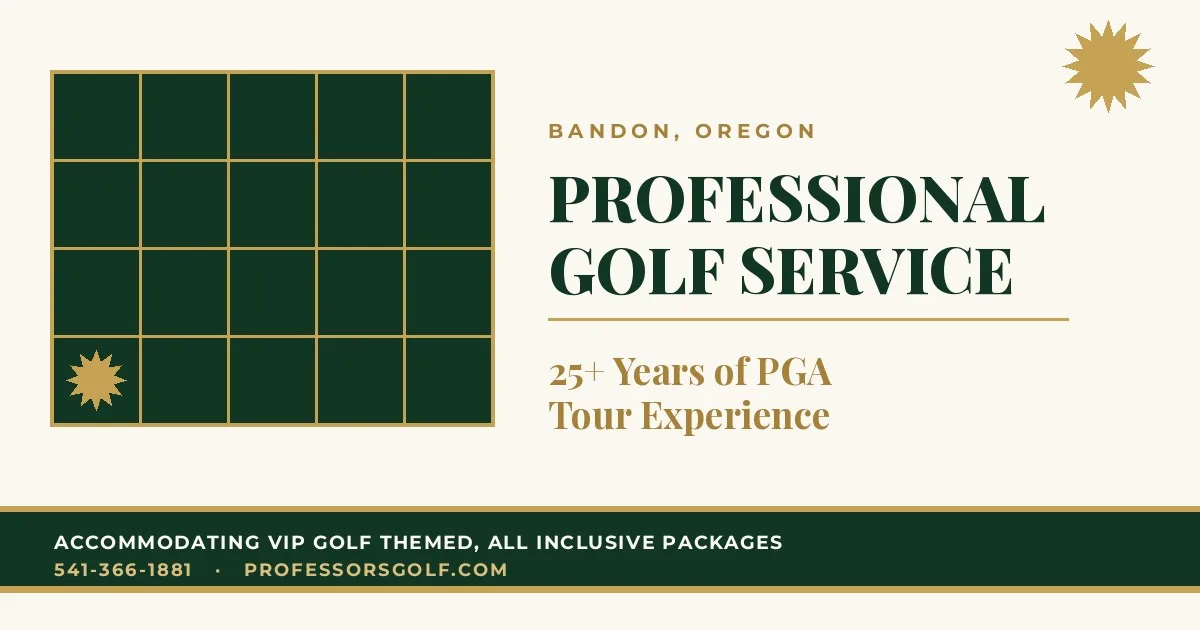 Professors Golf, Bandon Oregon: dark green grid with a gold starburst beside Professional Golf Service in green serif on cream.