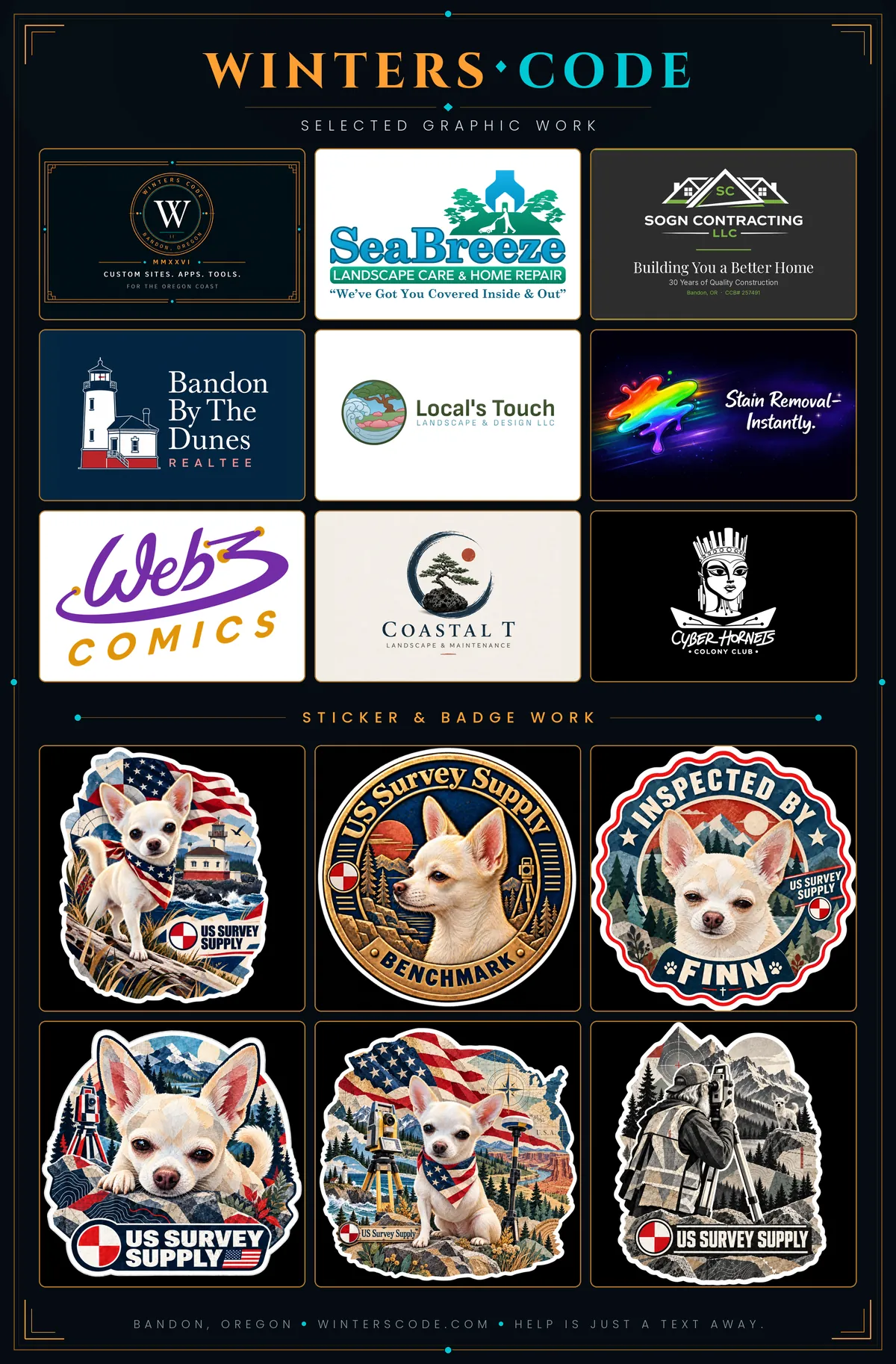 A board of selected logo and brand work by Winters Code: nine wordmarks, emblems and full brand marks for a range of businesses, above six die-cut sticker and badge designs.