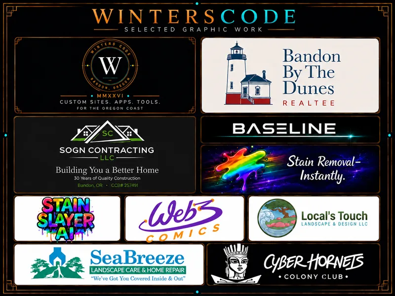 A grid of selected logo and brand work by Winters Code, including wordmarks, emblems, and full brand marks for a range of businesses.