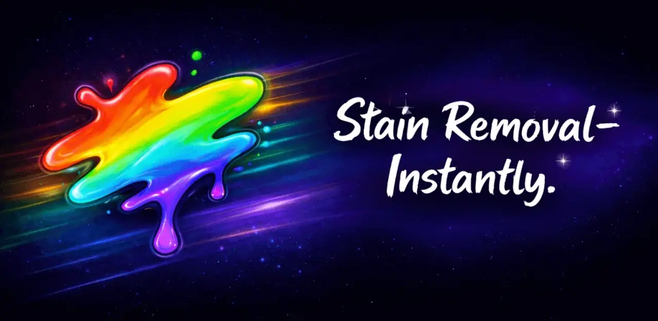 StainSlayer AI: rainbow stain splash with script tagline "Stain Removal, Instantly."