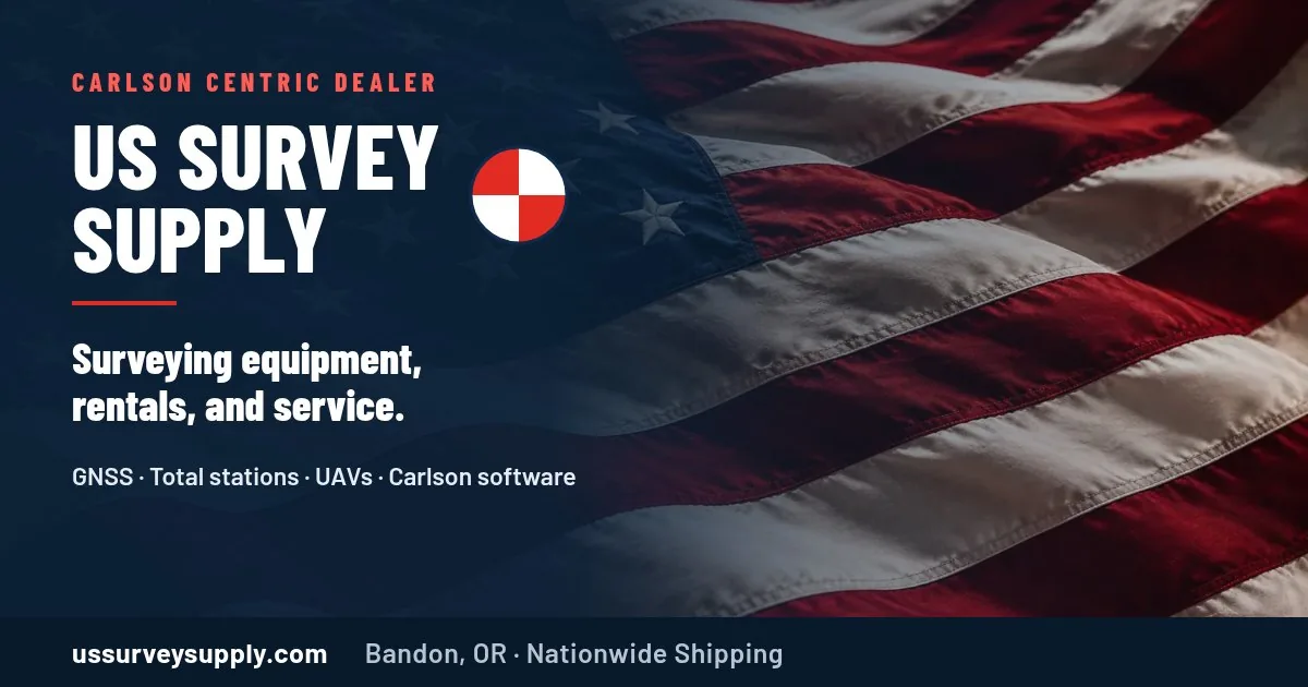 US Survey Supply, Bandon, Oregon: white wordmark and red-and-white survey target on navy over an American flag. Surveying equipment, rentals, and service.